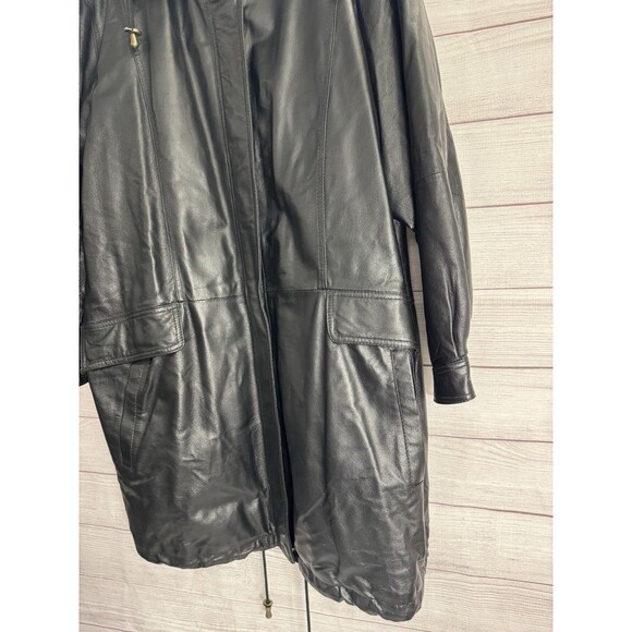 Veranesi Women's Genuine Leather Coat 28W Plus Black Faux Fur Lined Hood Parka - Picture 5 of 16